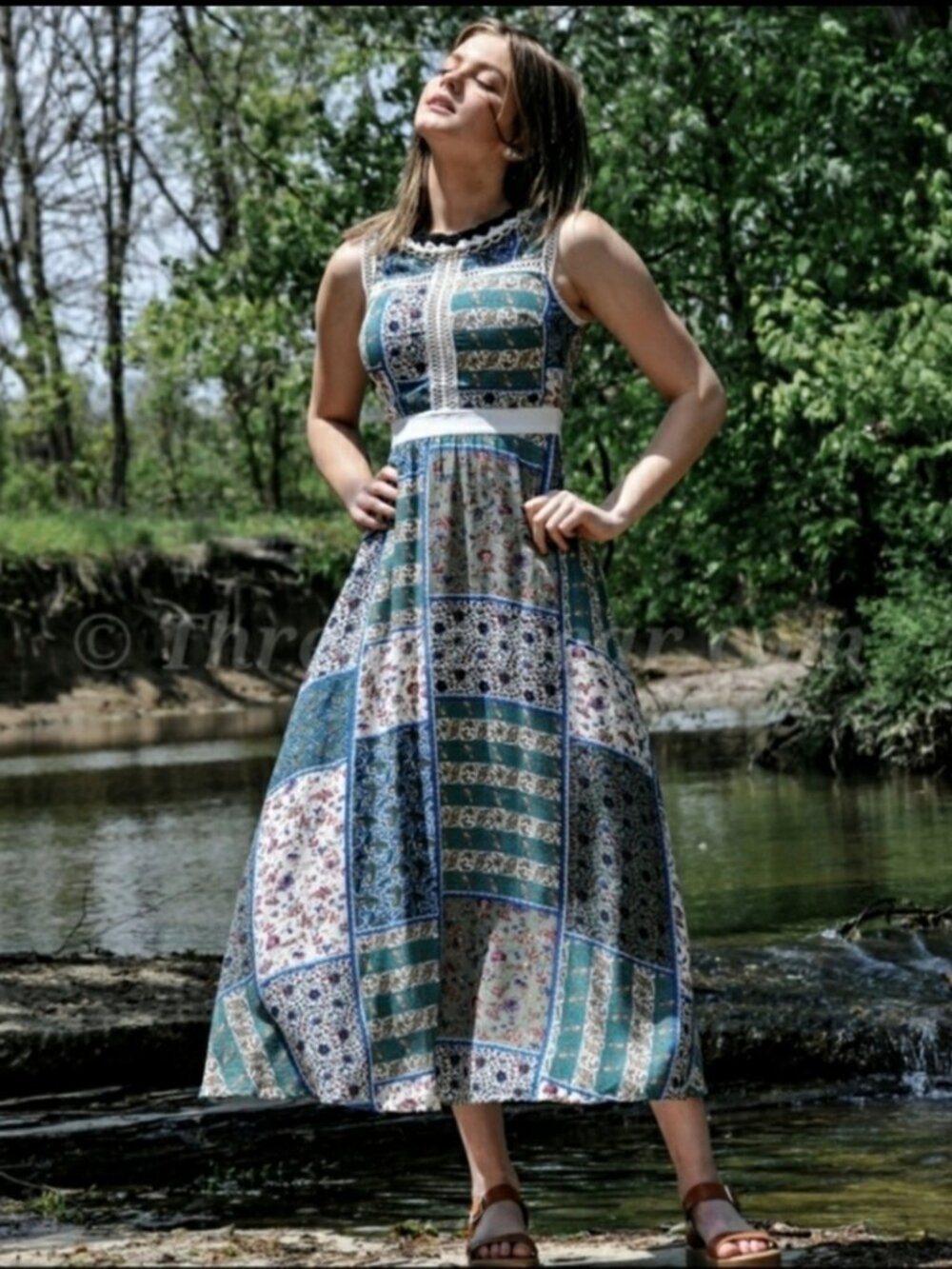 La Diosa patchwork open stitch fit & flare midi dress multicolor